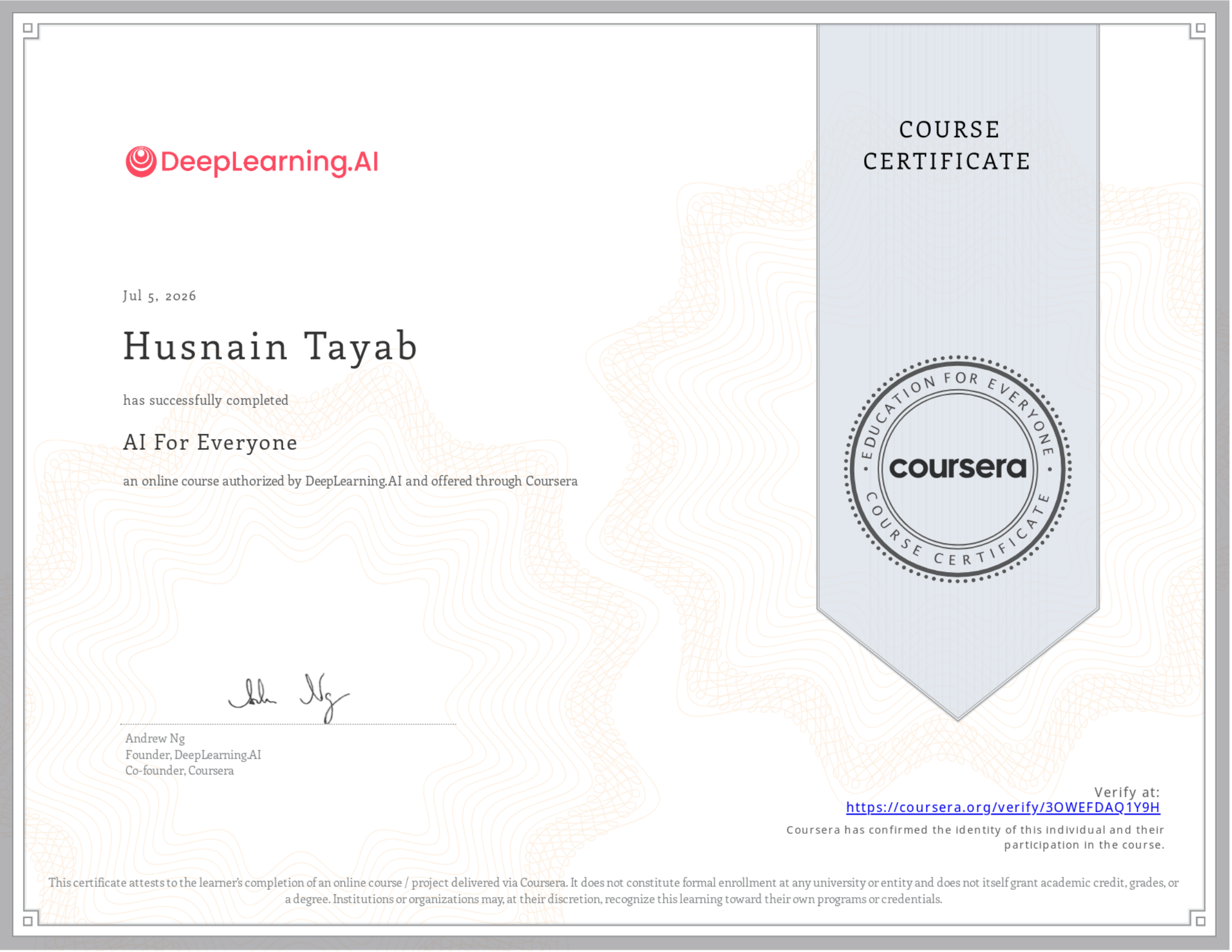 AI For Everyone certificate
