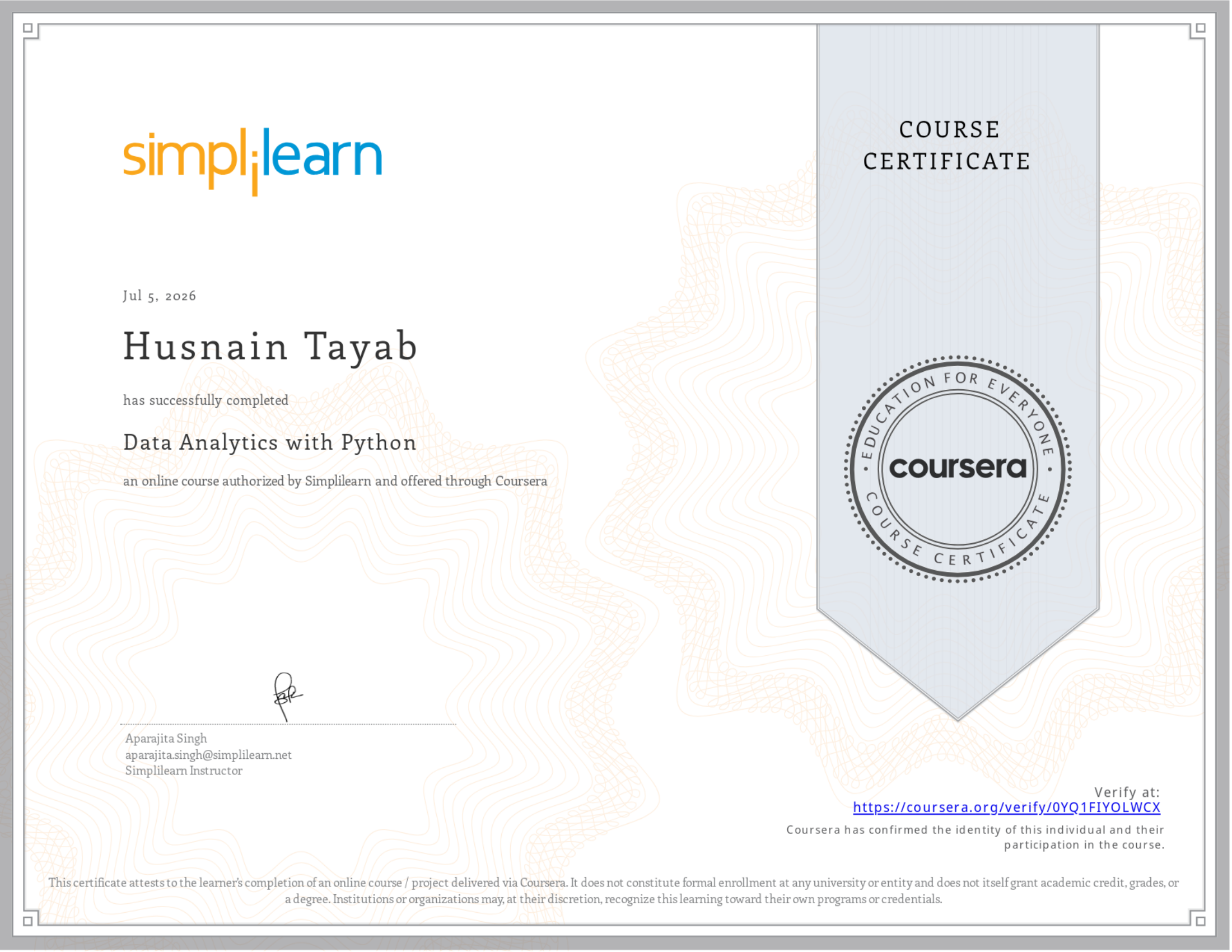 Data Analytics with Python certificate